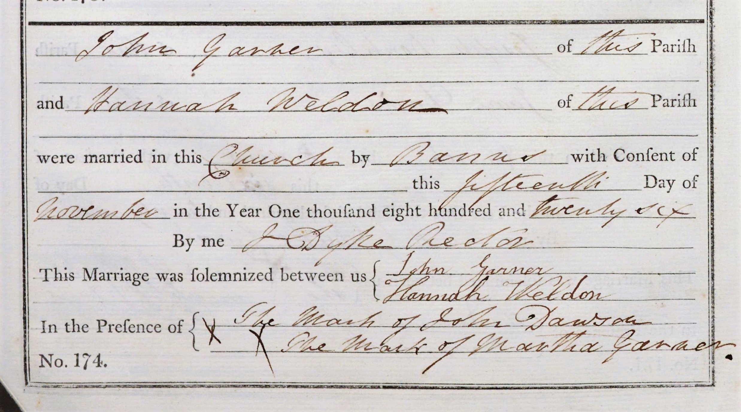 John Garner and Hannah Weldon's marriage record