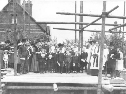 Laddie (far left, in white) at Holy Trinity, Hinckley church dedication 1909